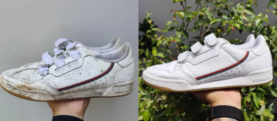 Adidas Continental branco antes da limpeza, encardido e com sujeira na sola, e depois, branco de novo